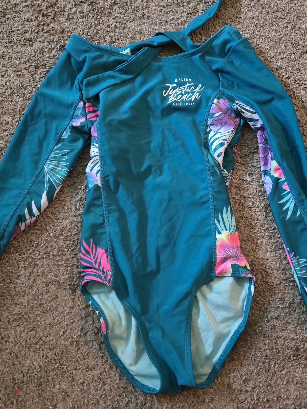 Justice Teal Long-Sleeve One-Piece Swimsuit Size 10 #0010